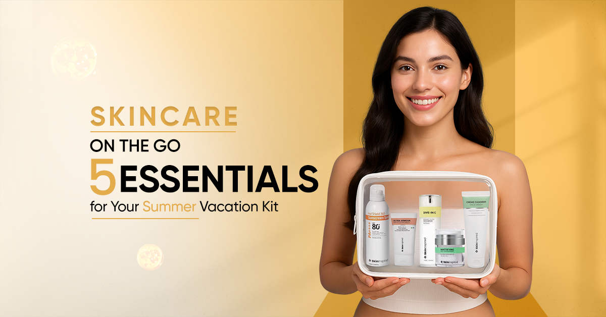 Travel-friendly summer skincare kit featuring five essentials like sunscreen, cleanser, moisturizer, serum, and lip care—ideal for on-the-go hydration, sun protection, and skin balance during vacation.