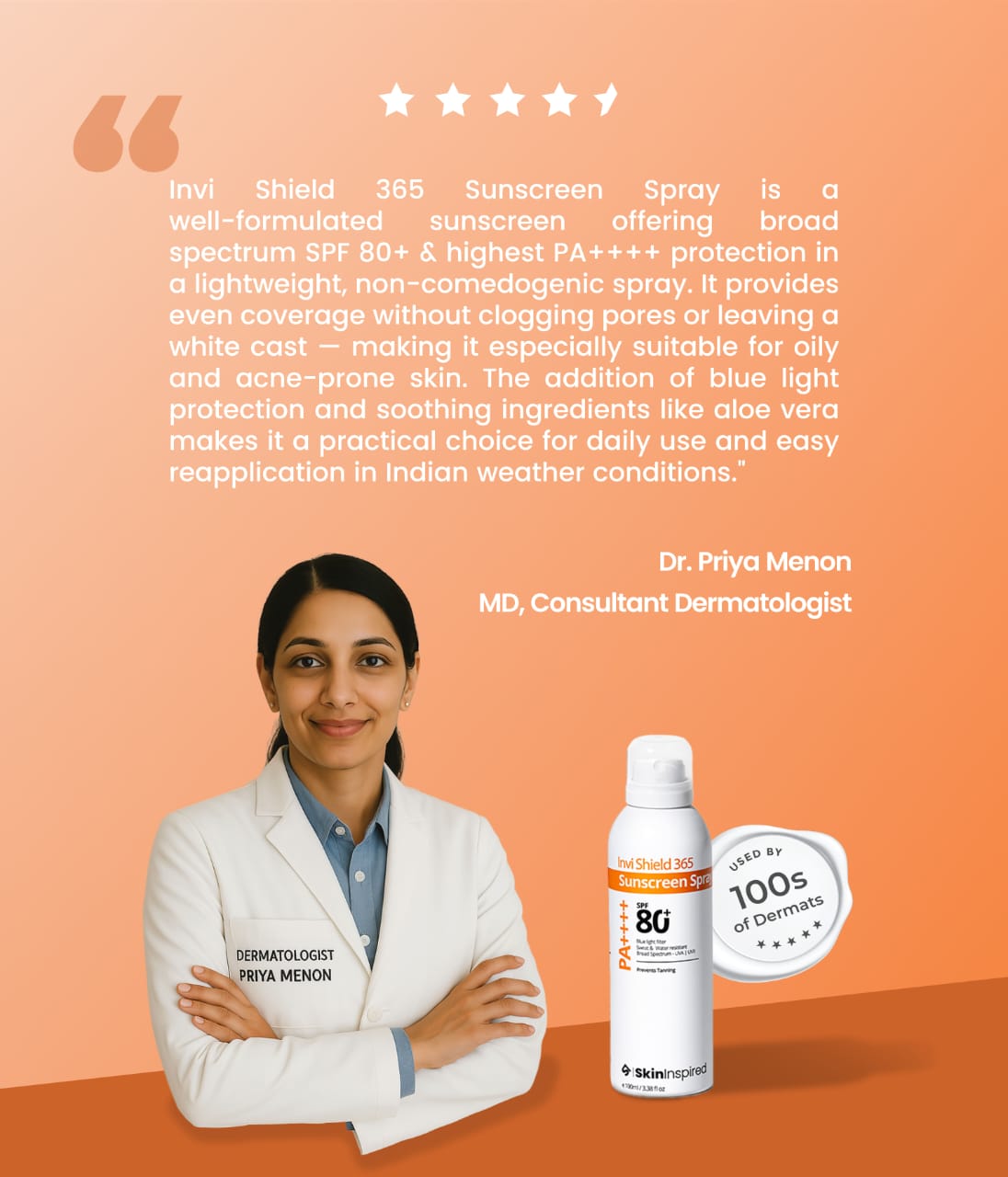 InviShield 365 Body Sunscreen Spray SPF 80 PA++++ – lightweight, non-greasy spray with nozzle for easy application, offering high UVA/UVB and blue light protection without white cast or stickiness.
