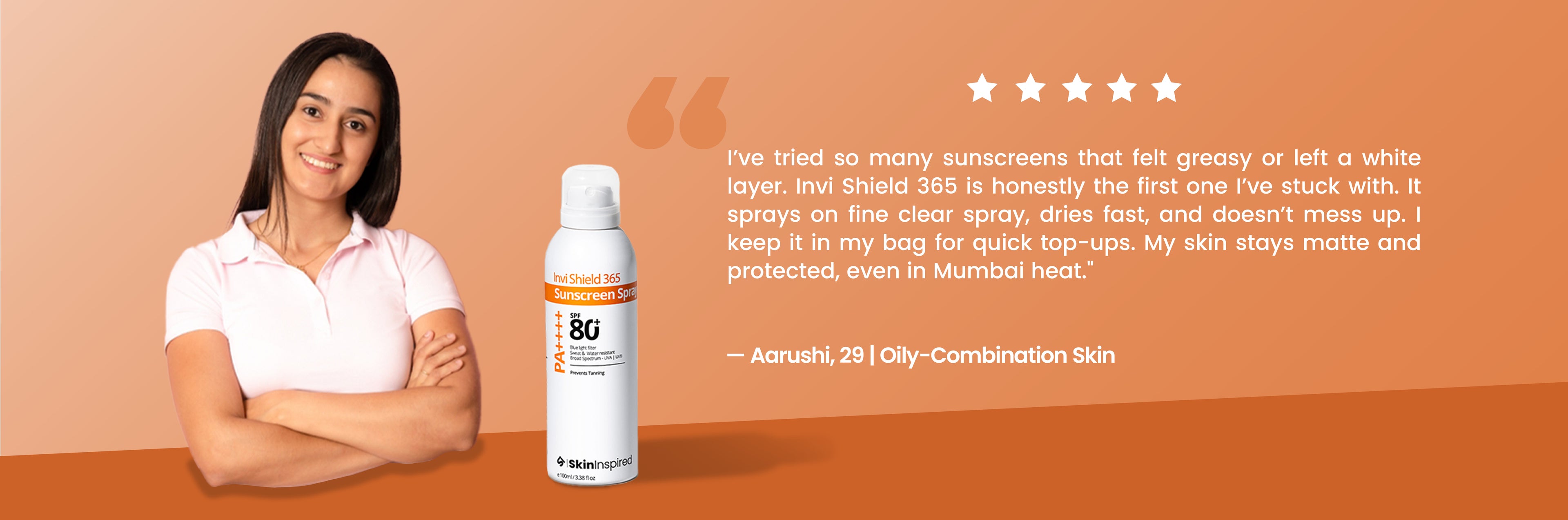 InviShield 365 Body Sunscreen Spray SPF 80 PA++++ – lightweight, non-greasy spray with nozzle for easy application, offering high UVA/UVB and blue light protection without white cast or stickiness.