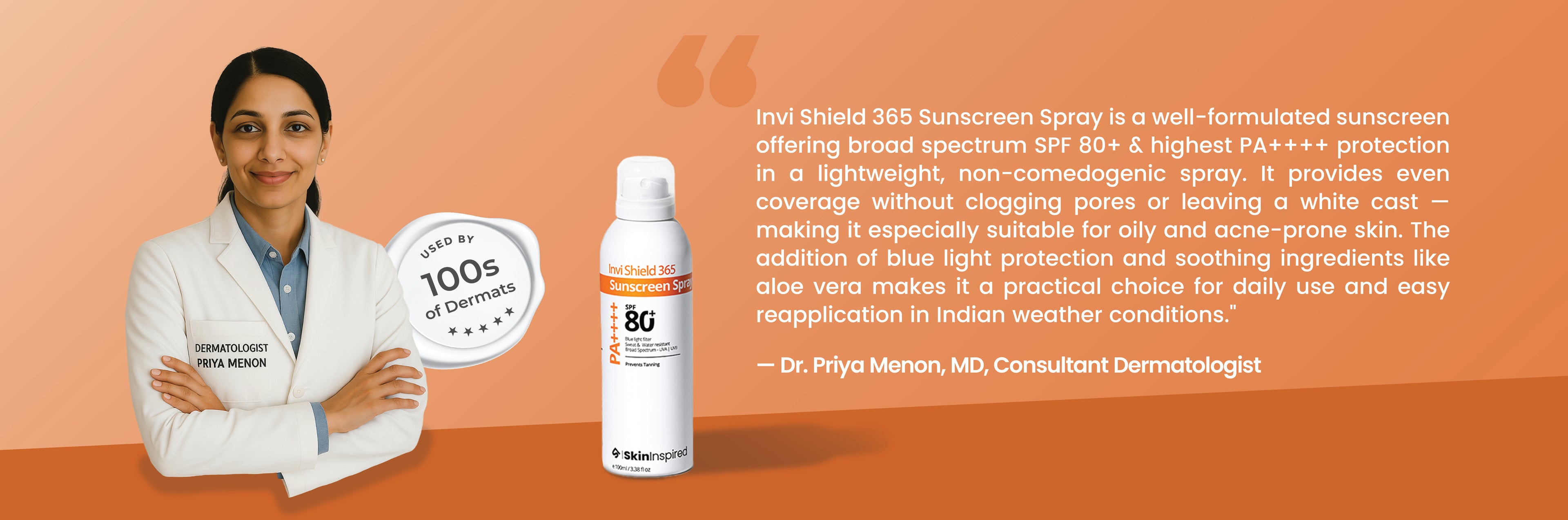 InviShield 365 Body Sunscreen Spray SPF 80 PA++++ – lightweight, non-greasy spray with nozzle for easy application, offering high UVA/UVB and blue light protection without white cast or stickiness.