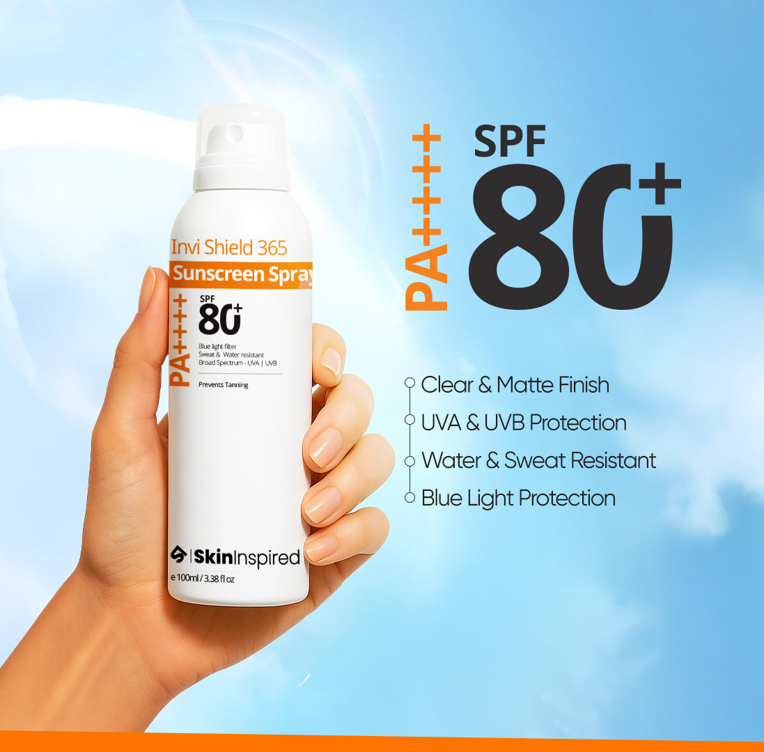 Invi Shield 365 Body Sunscreen Spray SPF 80 PA++++ a sun spray for body for a clear & matte finish with UVA& UVB protection, water & sweat resistant and blue light protection