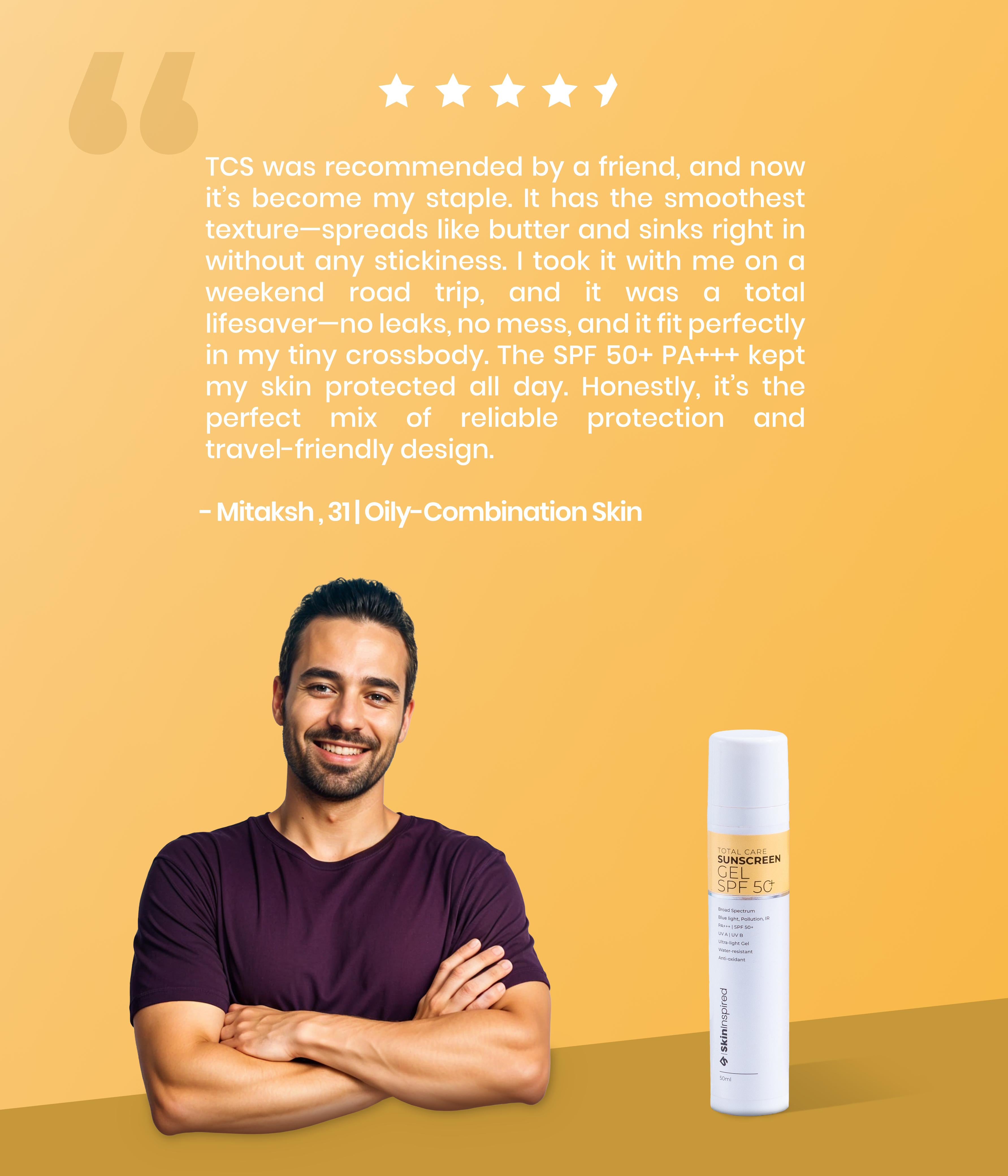 SkinInspired Total Care Sunscreen Gel – lightweight, broad-spectrum SPF 50 PA++++ gel sunscreen with niacinamide and soothing actives for daily sun protection without greasiness or white cast.