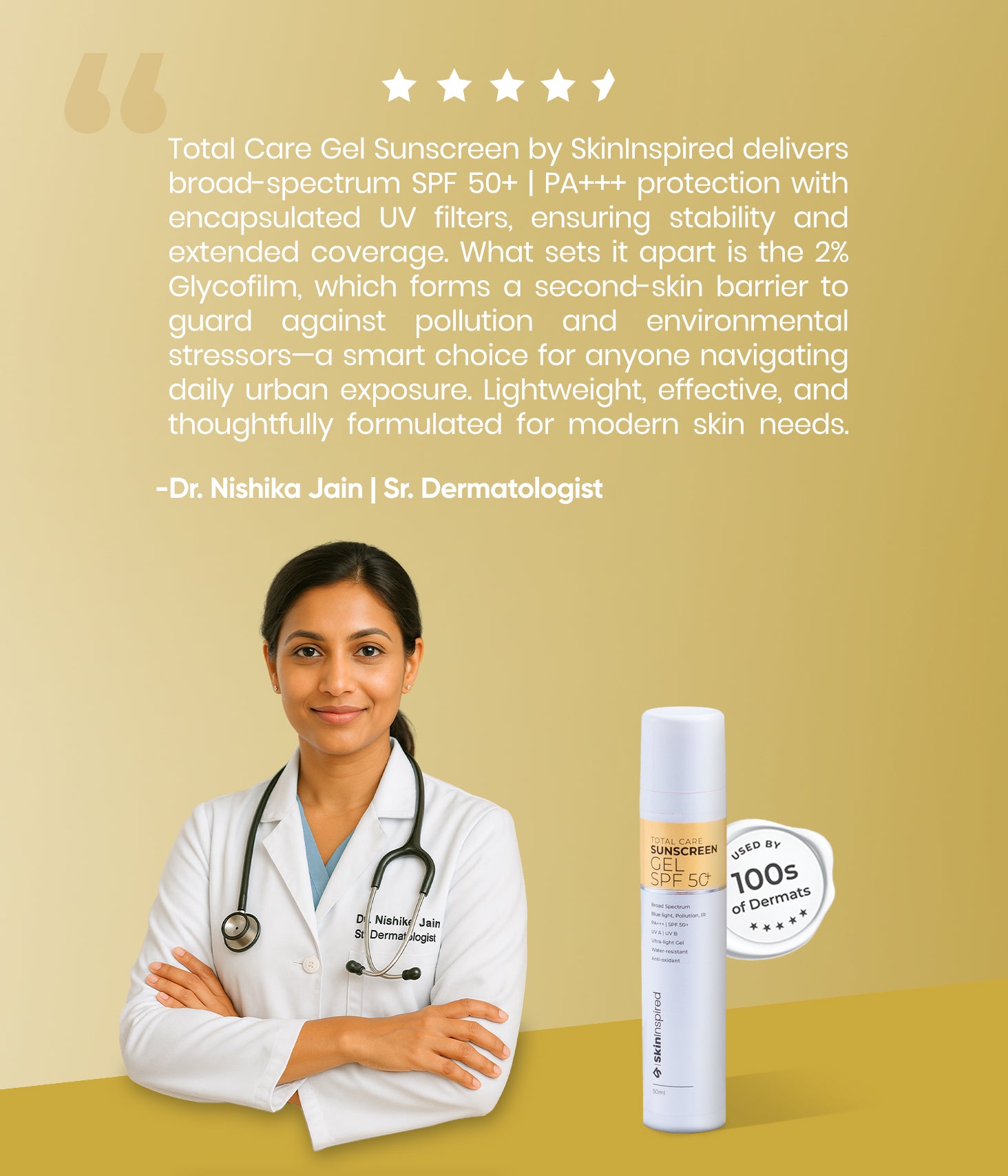 SkinInspired Total Care Sunscreen Gel – lightweight, broad-spectrum SPF 50 PA++++ gel sunscreen with niacinamide and soothing actives for daily sun protection without greasiness or white cast.