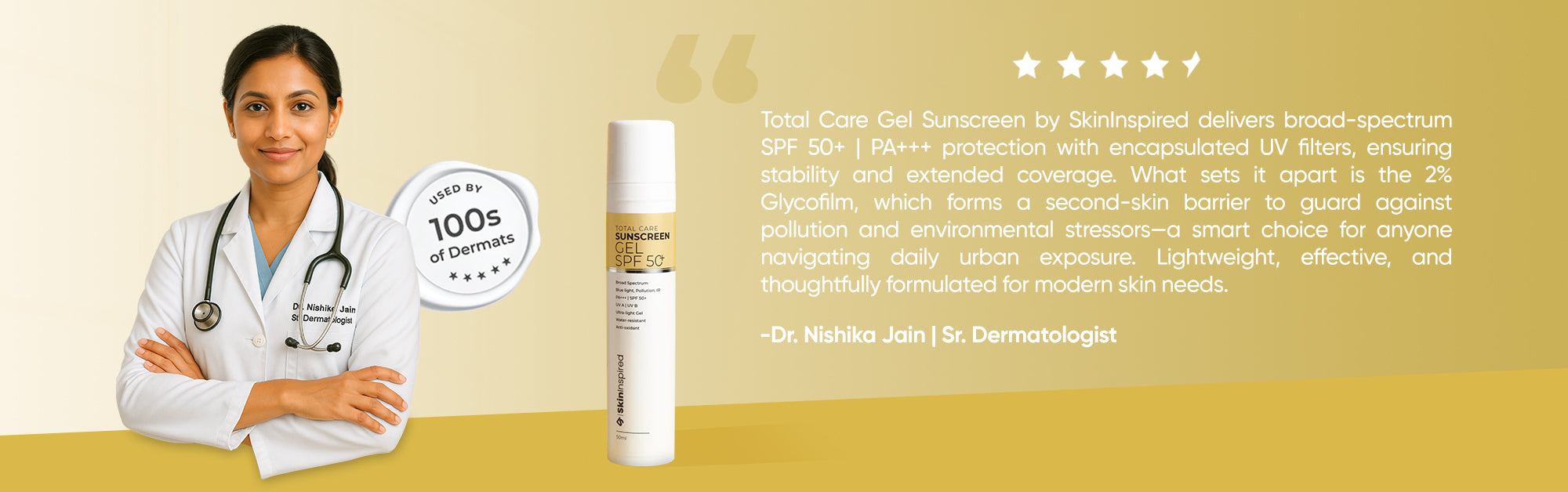 SkinInspired Total Care Sunscreen Gel – lightweight, broad-spectrum SPF 50 PA++++ gel sunscreen with niacinamide and soothing actives for daily sun protection without greasiness or white cast.