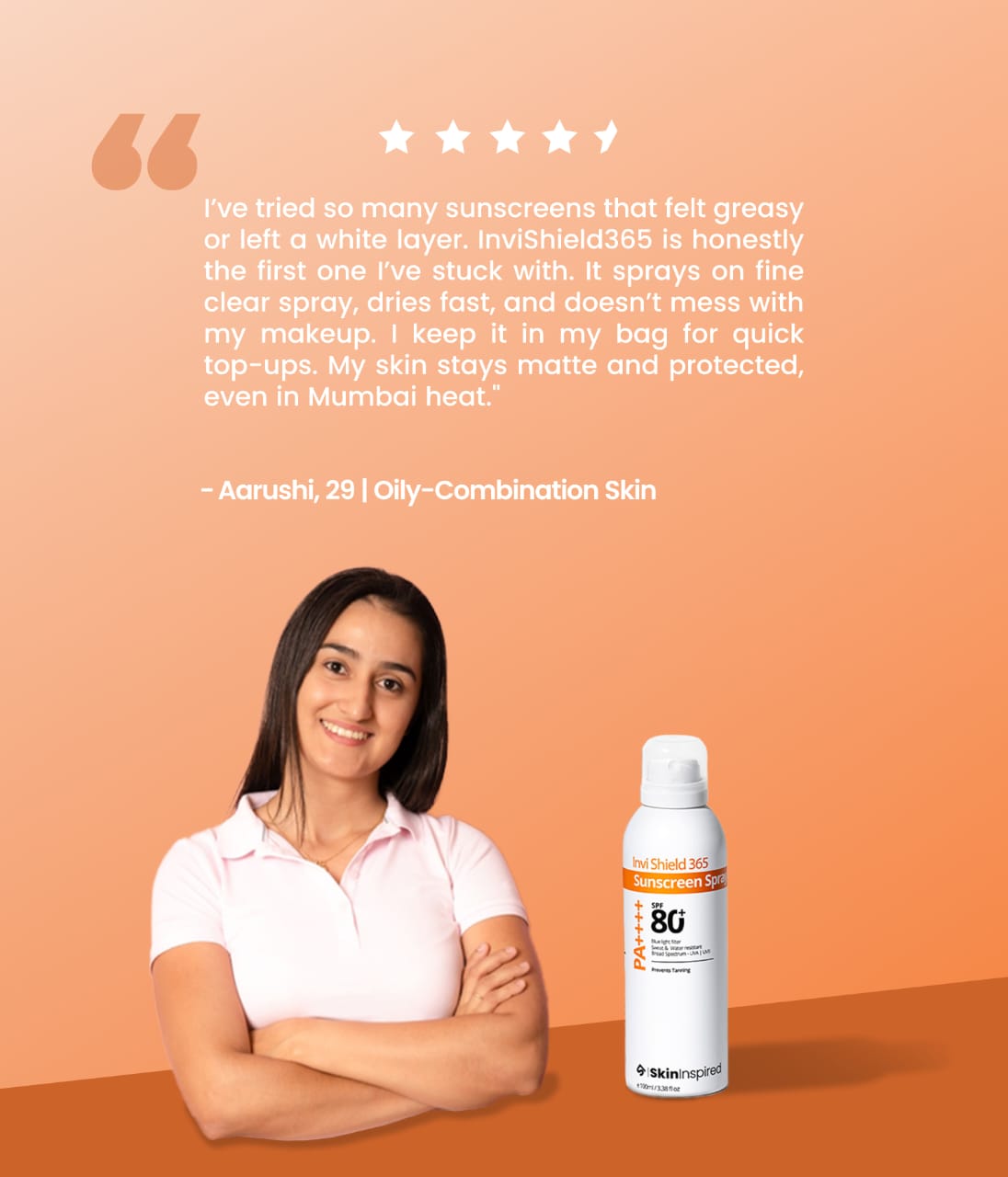 InviShield 365 Body Sunscreen Spray SPF 80 PA++++ – lightweight, non-greasy spray with nozzle for easy application, offering high UVA/UVB and blue light protection without white cast or stickiness.