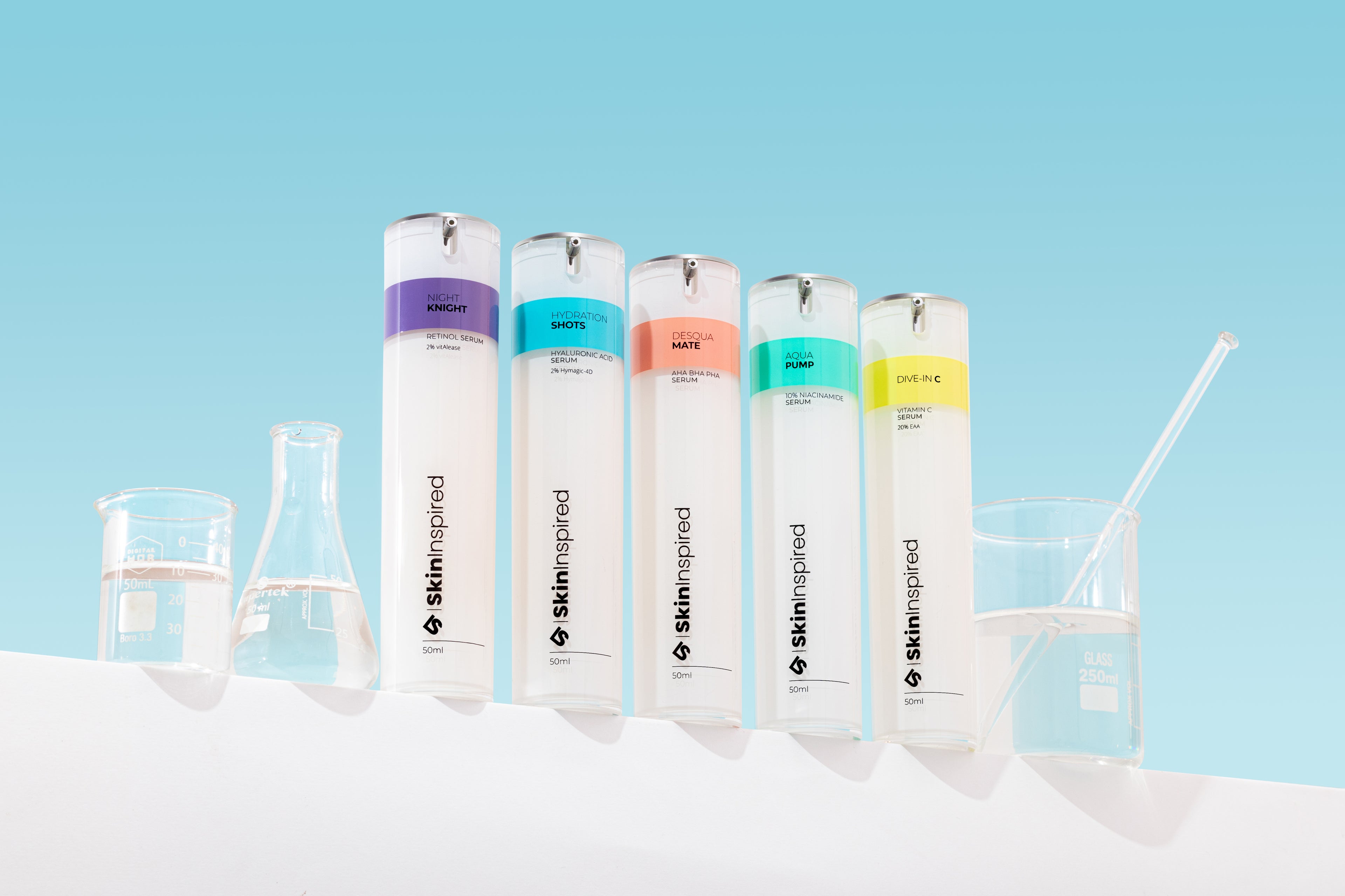 SkinInspired Face Serum Collection – targeted serums powered by actives like Vitamin C, Niacinamide, Retinol, and Hyaluronic Acid to treat concerns like pigmentation, acne, dullness, and dehydration for healthy, radiant skin.