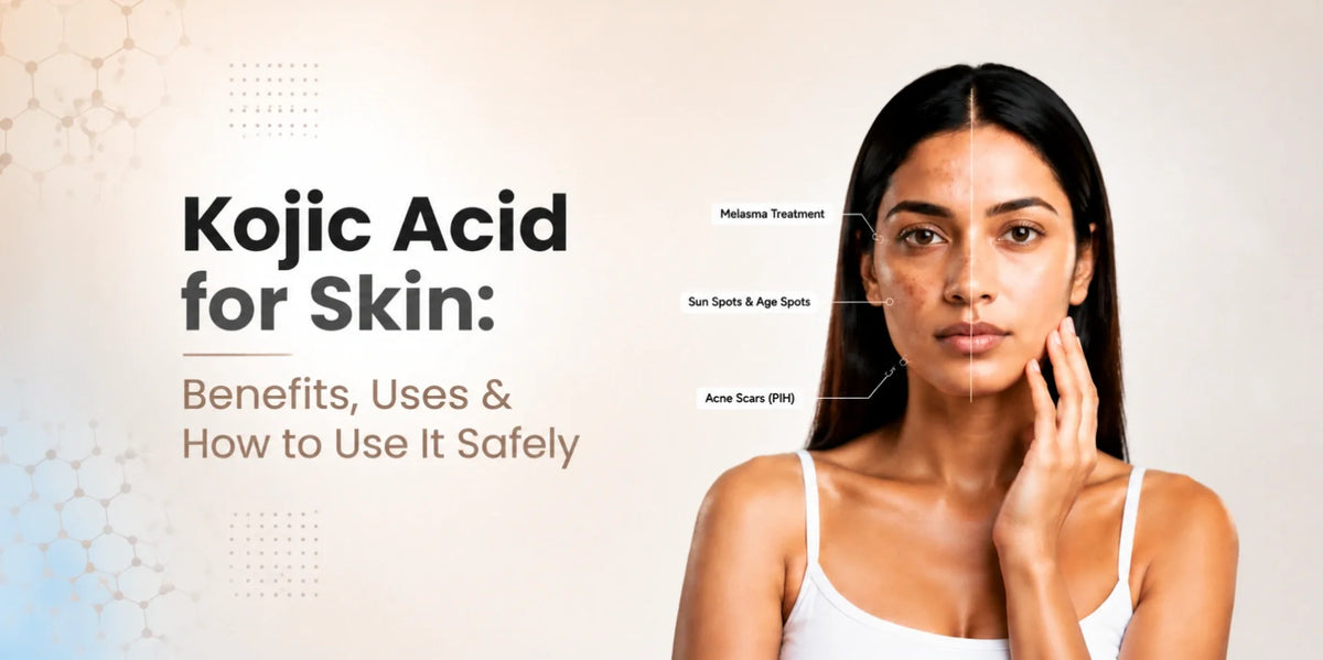 Kojic Acid benefits for skin, uses, and how it helps reduce pigmentation, dark spots, melasma, and uneven skin tone for brighter, clearer skin.