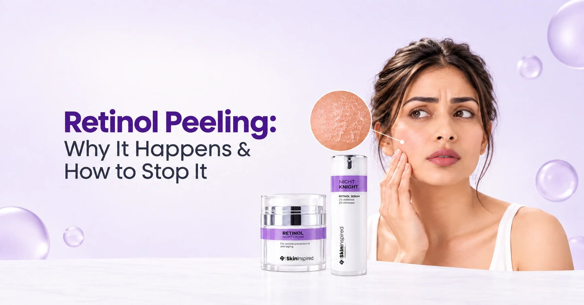 Retinol peeling on an Indian woman’s cheek with magnified dry, flaky skin, featuring SkinInspired Retinol Night Cream and Night Knight Retinol Serum.