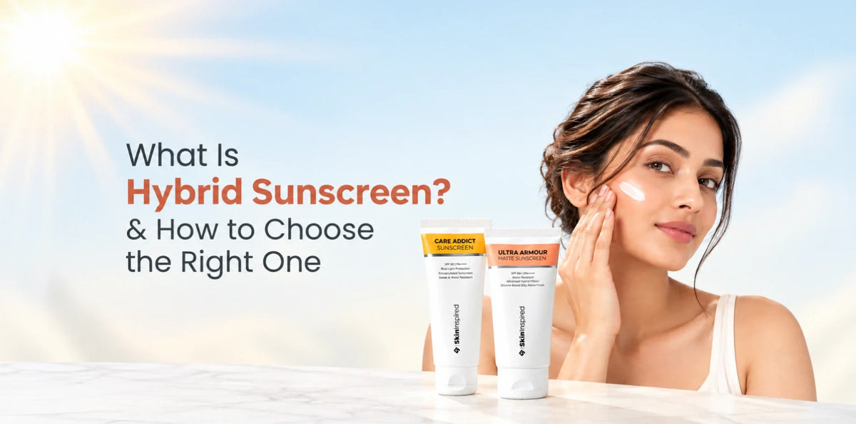 Indian woman applying sunscreen with SkinInspired Care Addict and Ultra Armour hybrid sunscreens, illustrating how to choose the right hybrid sunscreen.