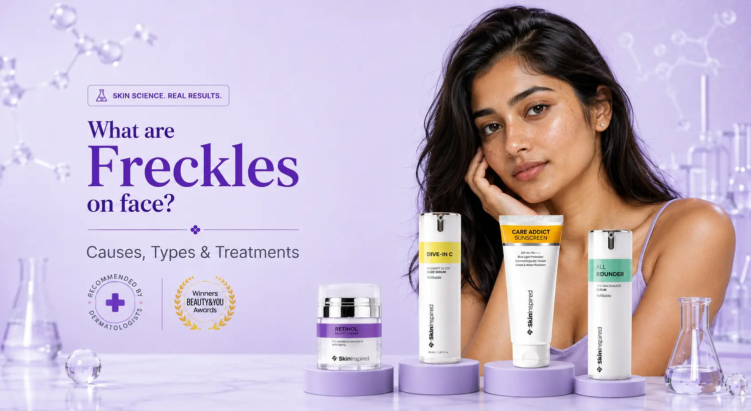 What are freckles on the face? Illustration showing facial freckles, their causes, types, and effective treatments.