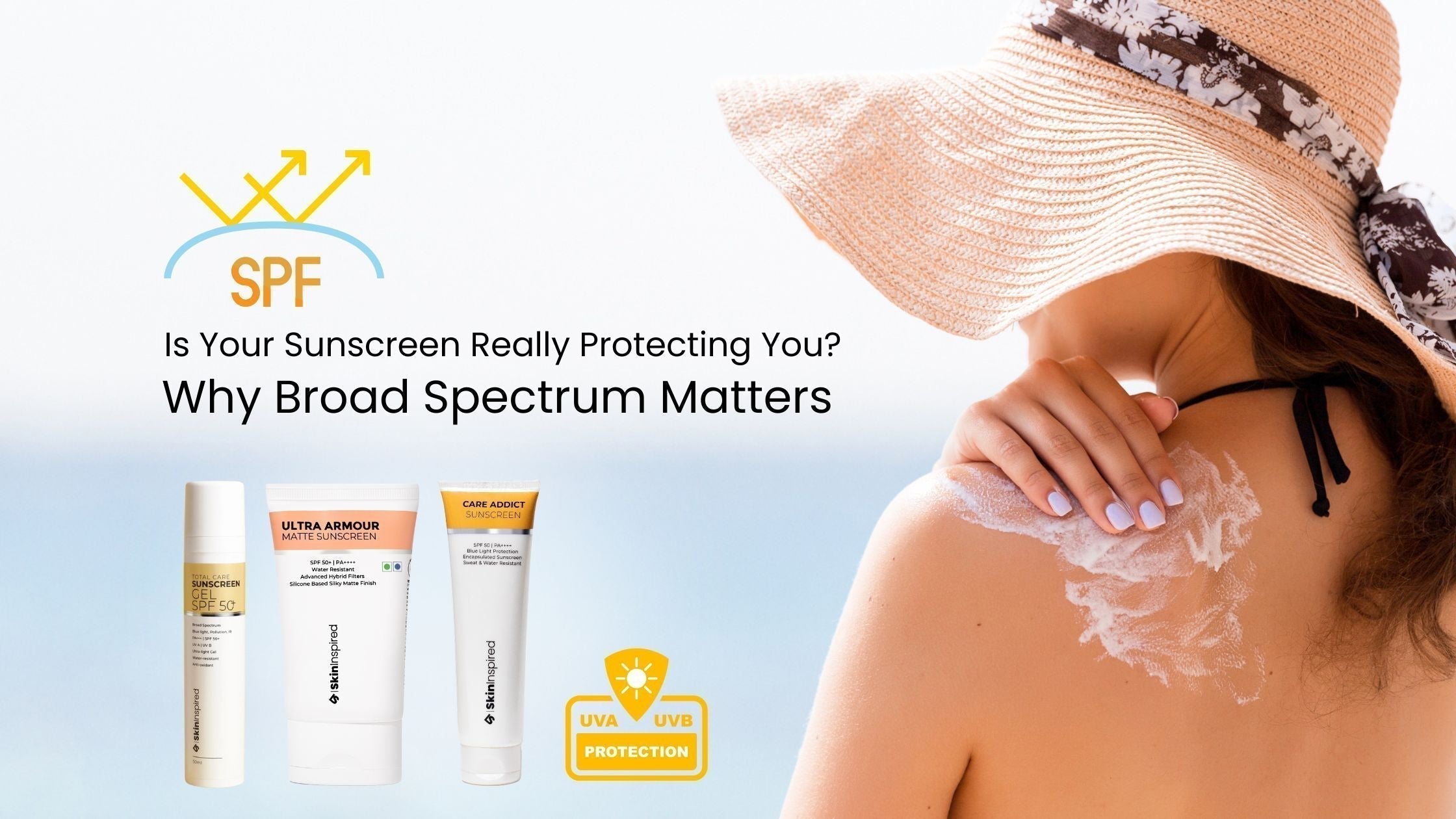 Broad spectrum sunscreen being applied to the skin, providing protection against UVA and UVB rays for healthy, radiant skin