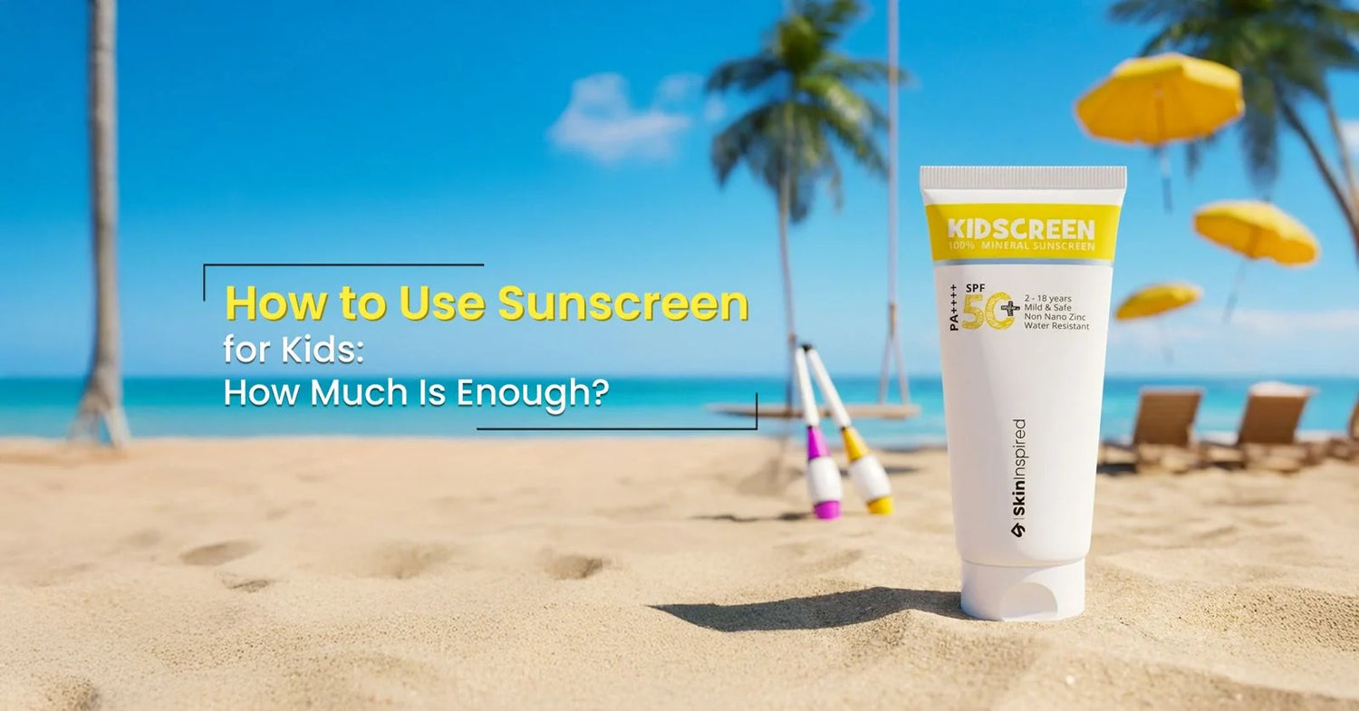 Kidscreen SPF 50+ mineral sunscreen for kids on a sunny beach with text “How to Use Sunscreen for Kids: How Much Is Enough?” promoting safe sun protection for children.