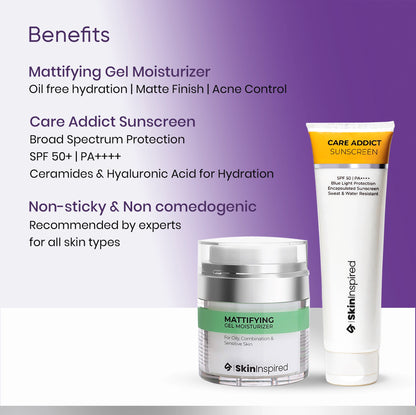 Skininspired Skincare Combo Benefits -Care Addict Sunscreen and Mattifying Gel Moisturizer for Him. 