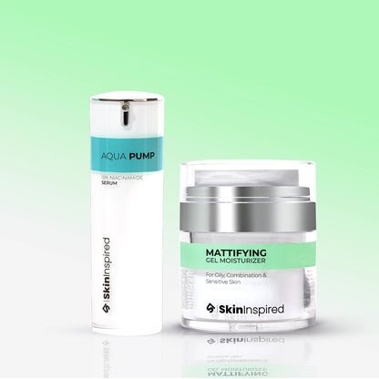 Skininspired Skincare Combo of Aqua pump 10 Niacinamide Serum and Mattifying Gel Moisturizer. 