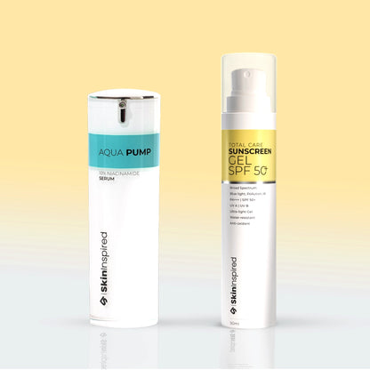 Skininspired Skincare Combo of Aqua pump 10% Niacinamide Serum and Total Care Sunscreen Gel SPF 50 +