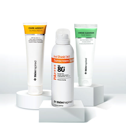 Skininspired Skincare Combo Of Three Products - Care Addict Sunscreen , Invi Shield Sunscreen Spray and Creme Cleanser Face Wash. 