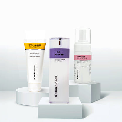 Skininspired Skincare Combo of Care Addict Sunscreen with Foaming Face Wash and Night Knight Serum. 
