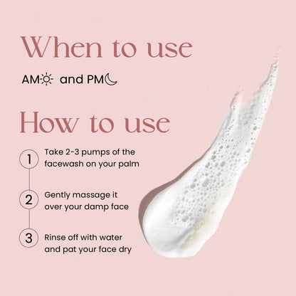 SkinInspired Foaming Face Wash being applied in circular motions on damp skin, showing steps for gentle cleansing, pore purification, and daily AM-PM usage.