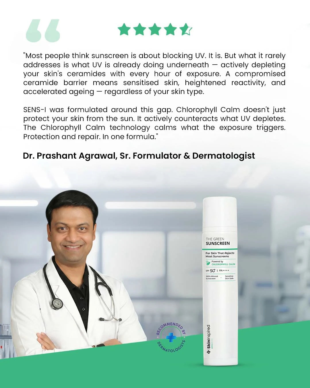 Doctor review banner for green mineral sunscreen SPF 50 with zinc oxide and titanium dioxide for sensitive skin