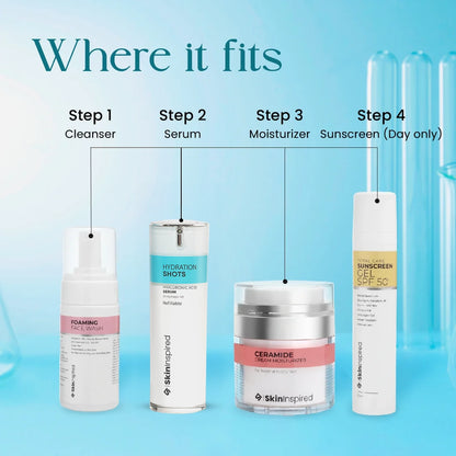 SkinInspired hyaluronic acid serum placement in skincare routine after cleanser and before moisturizer and sunscreen and in day time use sunscreen
