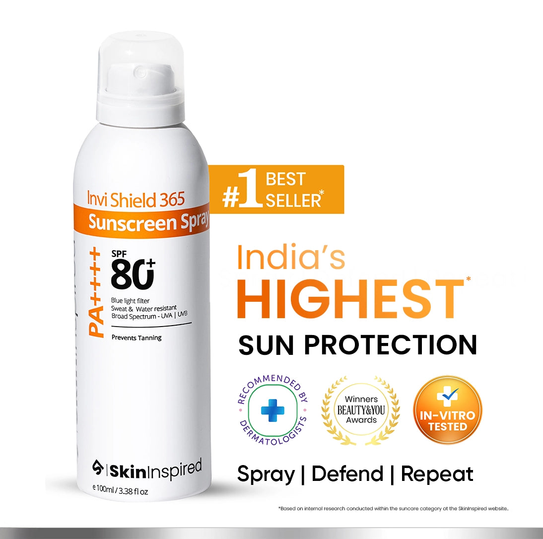 Invi Shield 365 Body Sunscreen Spray SPF 80 PA++++ a sun spray for body for a clear &amp; matte finish with UVA&amp; UVB protection, water &amp; sweat resistant and blue light protection