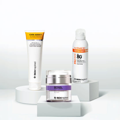 Skininspired Skincare Combo of Care Addict Sunscreen, Invi Shield Sunscreen Spray and Retinol Night Cream. 