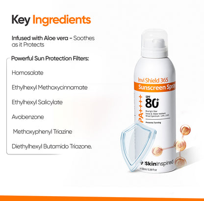 Invi Shield 365 Body Sunscreen Spray SPF 80 PA++++ a body sunscreen spray with key ingredients like - aloe vera and powerful sun protection fiters like - Homosalate, Ethylhexyl Methoxycinnamate, Ethylhexyl Salicylate, Avobenzone, Methoxyphenyl Triazine &amp; Diethylhexyl Butamido Triazone