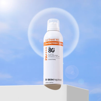 Invi Shield 365 Body Sunscreen Spray SPF 80 PA++++ – a high-protection, broad-spectrum sunscreen spray in a sleek, travel-friendly bottle designed for easy application and outdoor defense.