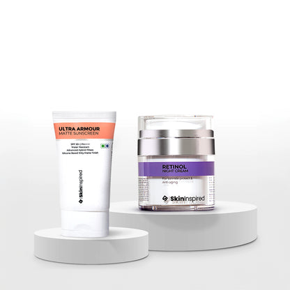 Skininspired Skincare Combo of Retinol Night Cream and Ultra Armour Matte Sunscreen. 