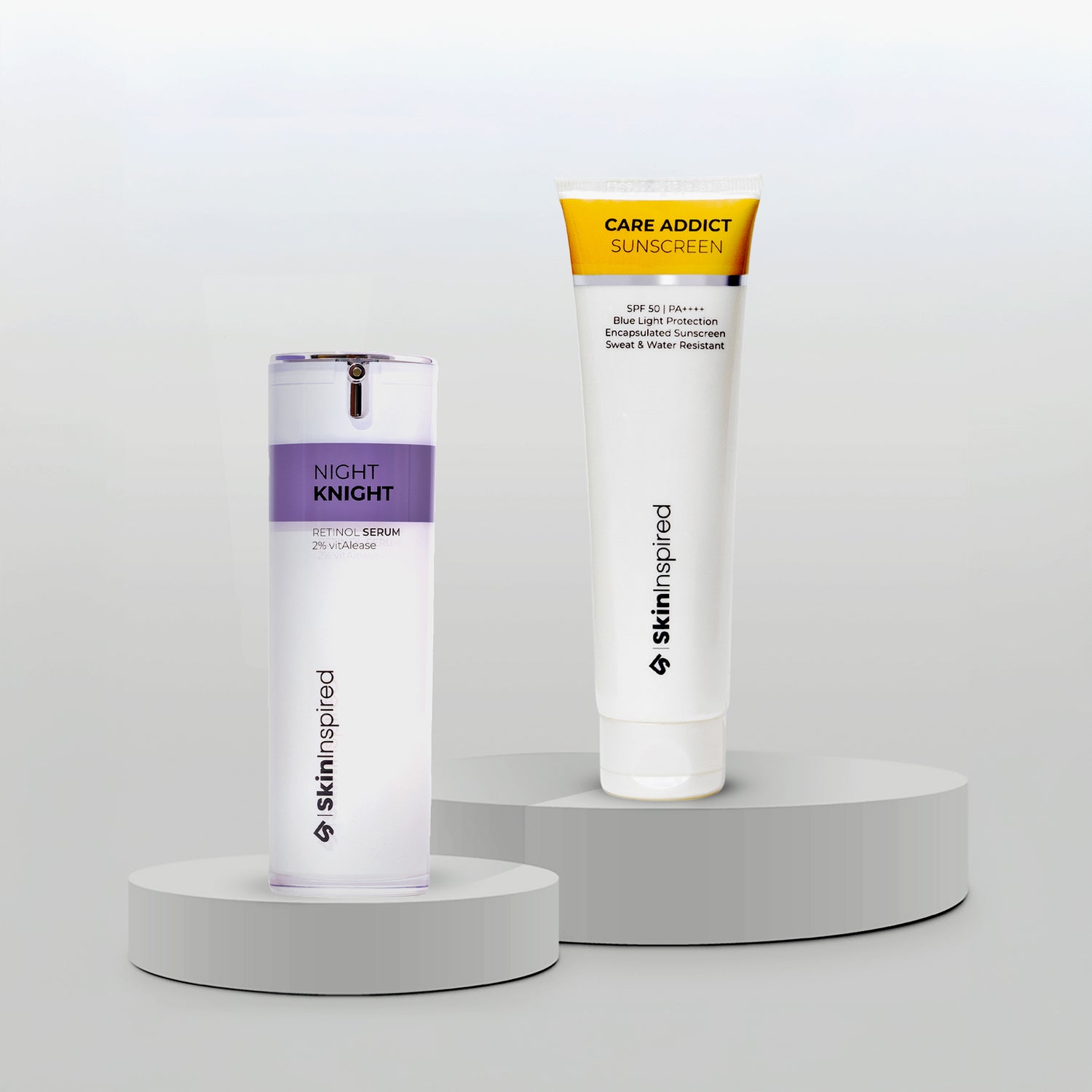 Skininspired Best Skincare Combo of Care Addict Sunscreen and Night Knight Serum.