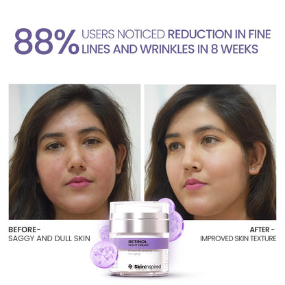 Before and after comparison of skin with retinol cream showing reduced fine lines and wrinkles.