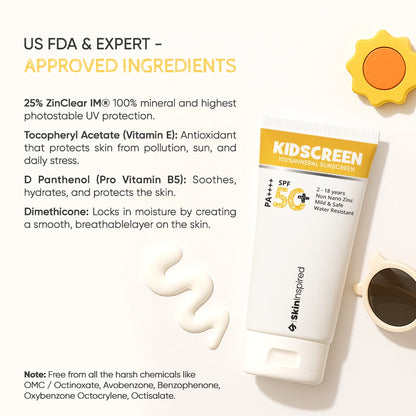 SkinInspired Kidscreen sunscreen formulated using US FDA approved UV filters and ingredients.