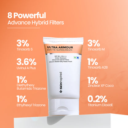 SkinInspired Ultra Armour Silicone Sunscreen Gel SPF 50+ PA++++
A broad spectrum sunscreen with advanced hybrid filters, offering protection against blue light, infrared radiation, and pollution.
Comes with Zinc Oxide and Titanium Dioxide making it a perfect mineral Sunscreen/Physical Sunscreen