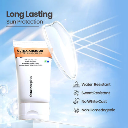 SkinInspired Ultra Armour matte sunscreen designed for long lasting sun protection during outdoor activities with water and sweat resistant, no white cast, non comedogenic