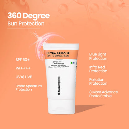 SkinInspired Ultra Armour sunscreen highlighting 360 degree broad spectrum sun protection like, blue light protection, infra red protection, pollution protection, 8 most advance stable.