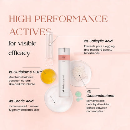 SkinInspired AHA BHA PHA serum with salicylic acid, lactic acid, gluconolactone, and Cutibiome CLR for exfoliation and acne control