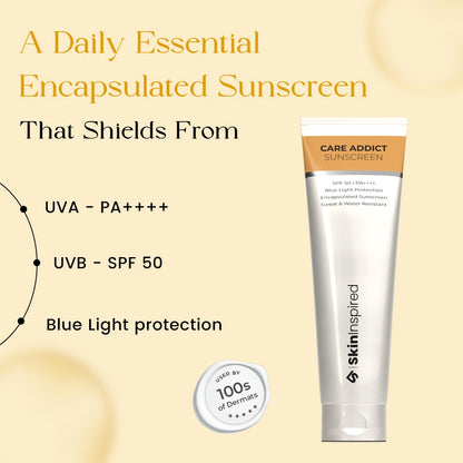 SkinInspired Care Addict sunscreen showing broad spectrum UVA and UVB protection for daily use