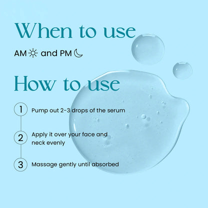 SkinInspired Hydration Shots hyaluronic acid serum showing how to use, AM and PM application, and steps to apply evenly on face and neck