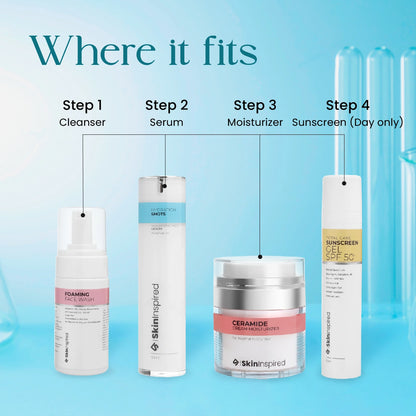 SkinInspired hyaluronic acid serum placement in skincare routine after cleanser and before moisturizer and sunscreen and in day time use sunscreen