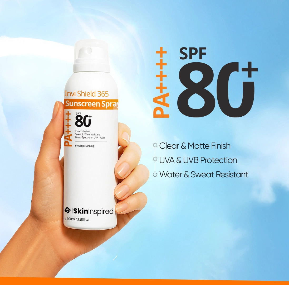 SkinInspired SPF 80 sunscreen spray providing high sun protection in an easy spray provides clear and matte finish, UVA &amp; UVB protection, water and sweat-resistant, blue light protection.