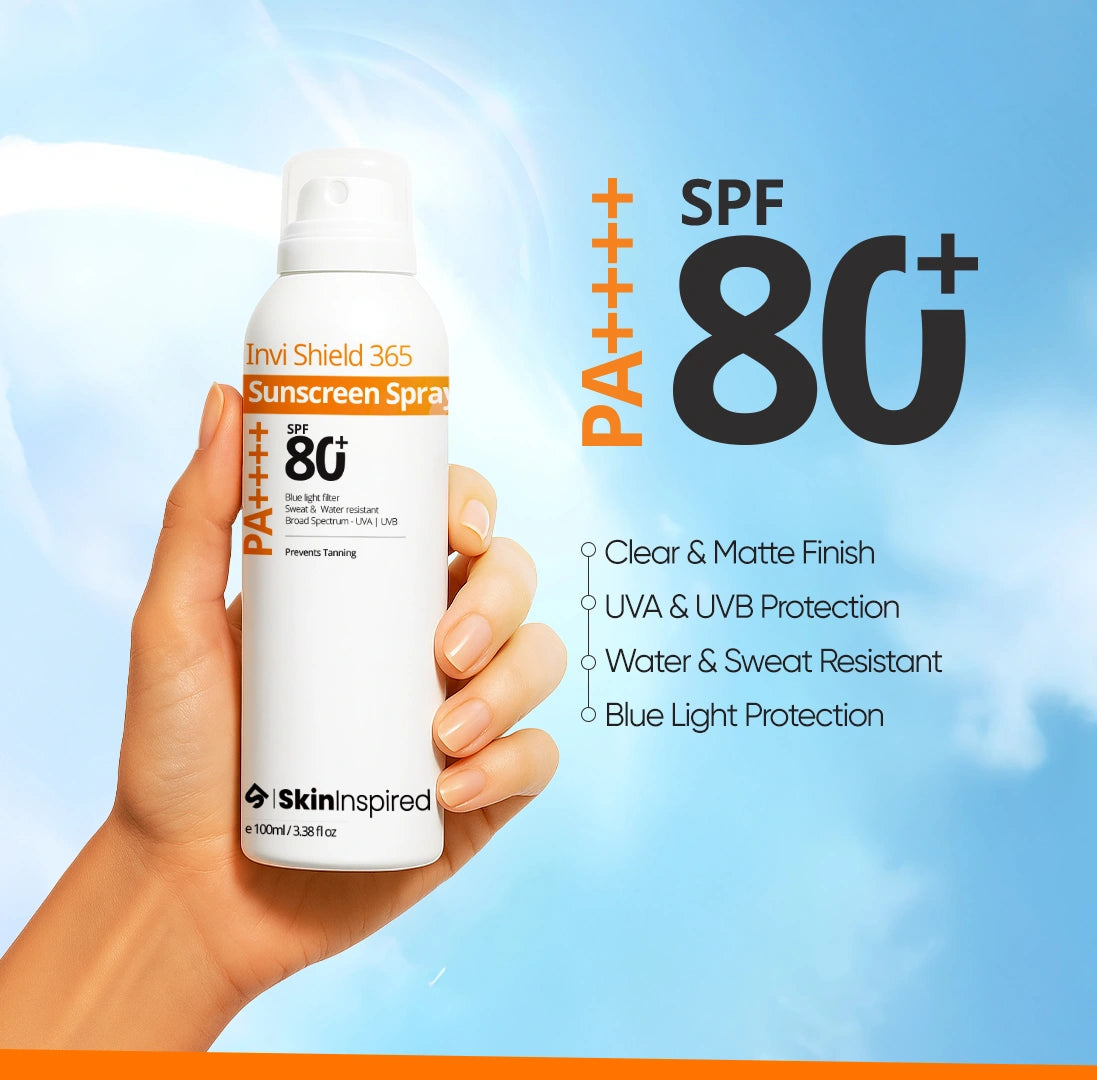 SkinInspired SPF 80 sunscreen spray providing high sun protection in an easy spray provides clear and matte finish, UVA &amp; UVB protection, water and sweat-resistant, blue light protection.