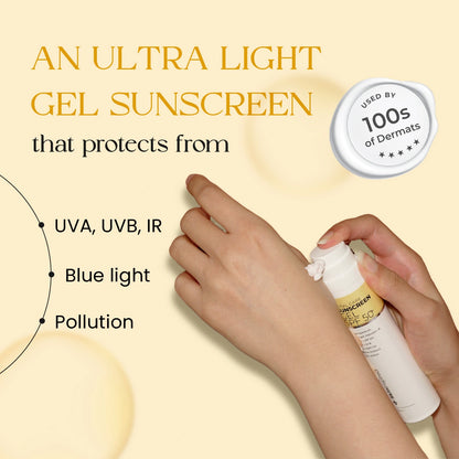 SkinInspired ultra light gel sunscreen with non greasy texture for daily sun protection from uva, uvb, IR, blue light, pollution.